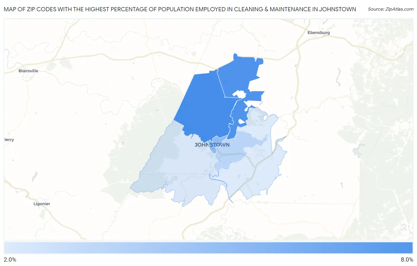 Zip Codes with the Highest Percentage of Population Employed in Cleaning & Maintenance in Johnstown Map