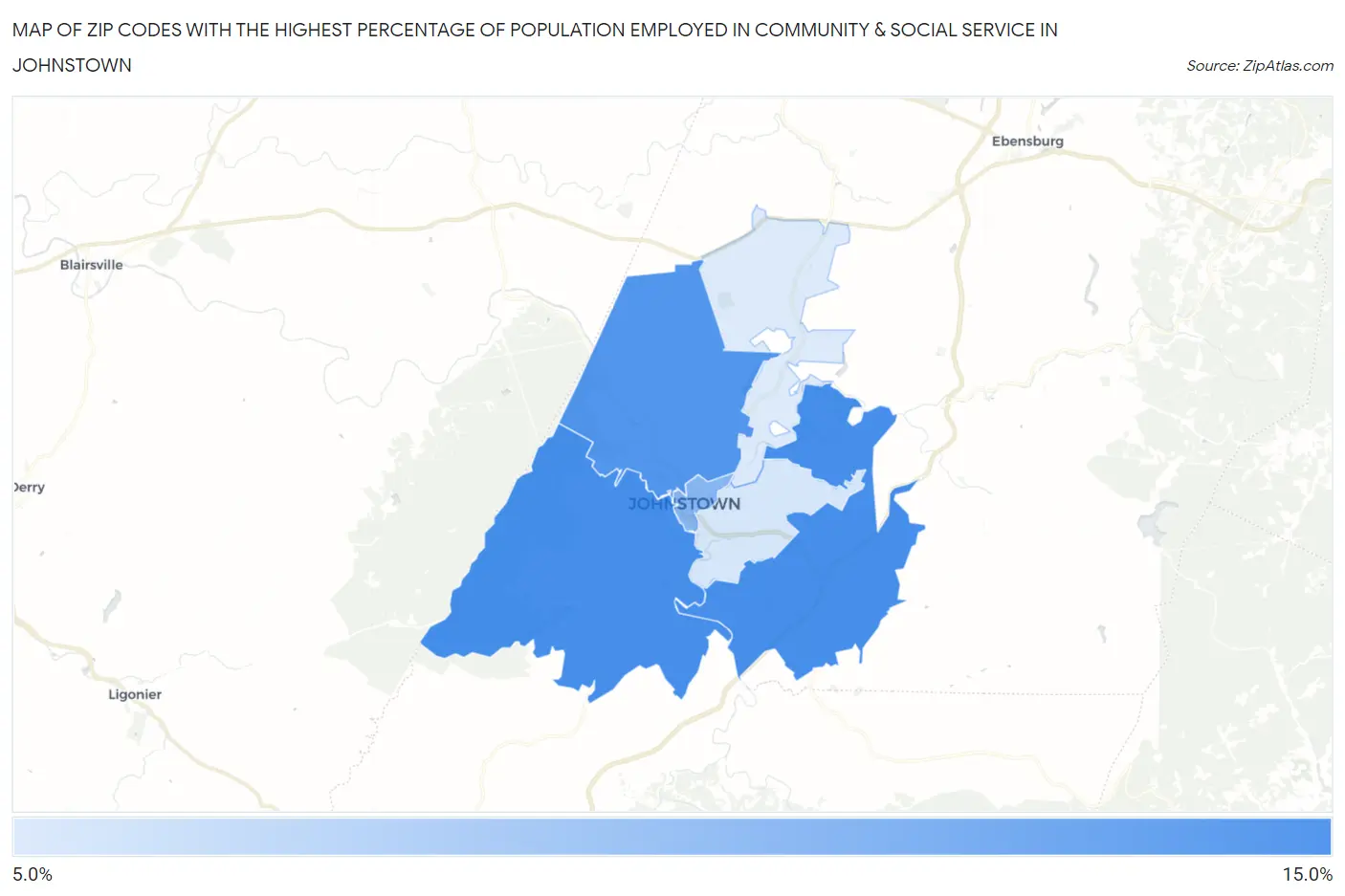 Zip Codes with the Highest Percentage of Population Employed in Community & Social Service  in Johnstown Map