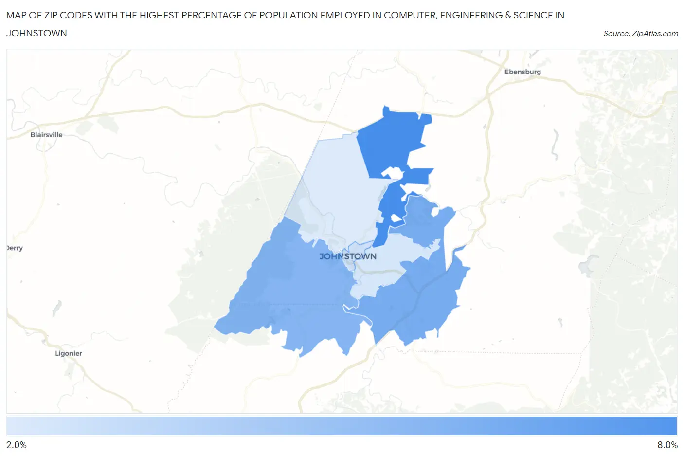 Zip Codes with the Highest Percentage of Population Employed in Computer, Engineering & Science in Johnstown Map