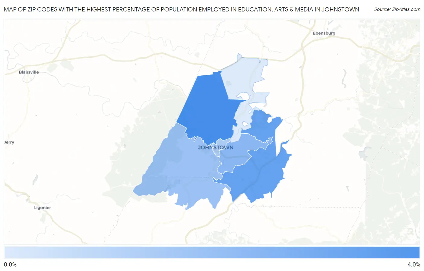 Zip Codes with the Highest Percentage of Population Employed in Education, Arts & Media in Johnstown Map