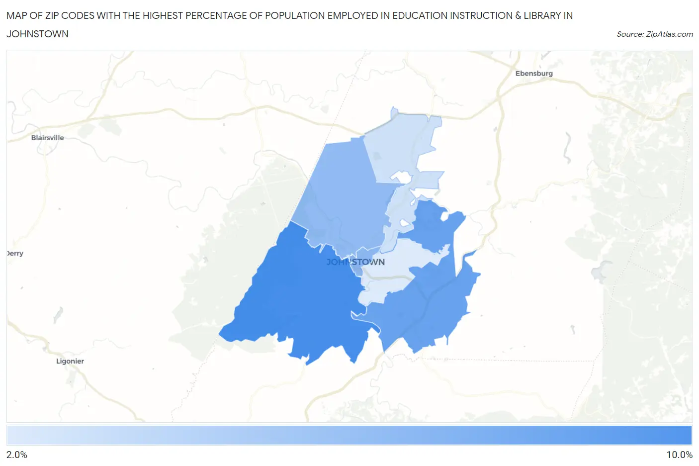Zip Codes with the Highest Percentage of Population Employed in Education Instruction & Library in Johnstown Map