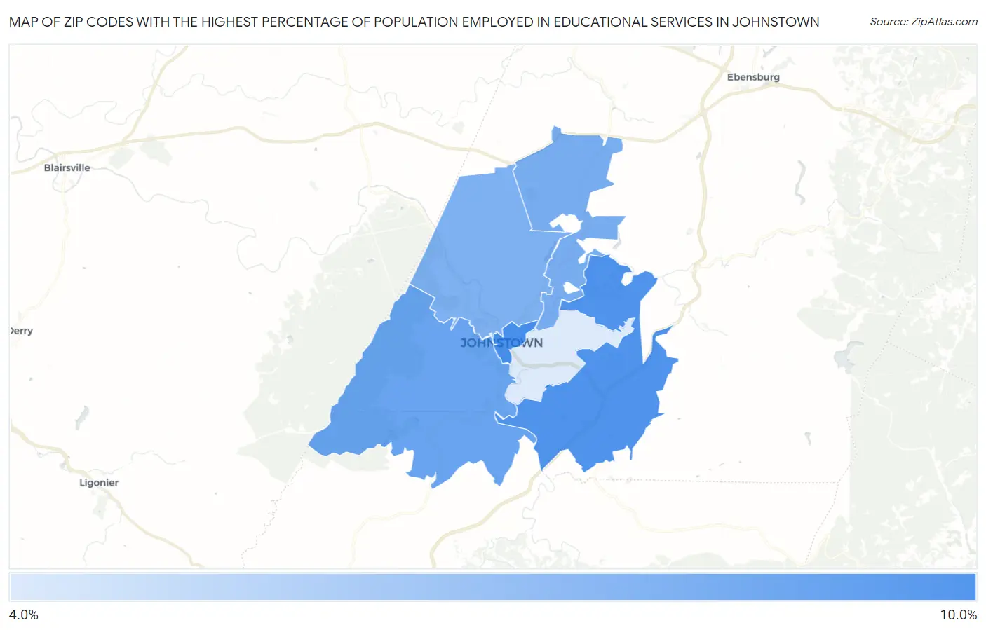 Zip Codes with the Highest Percentage of Population Employed in Educational Services in Johnstown Map