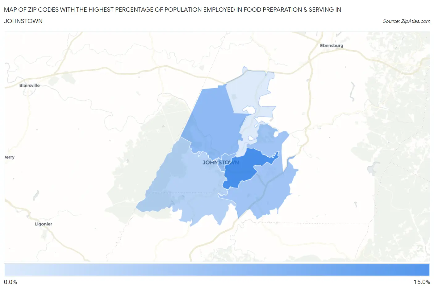 Zip Codes with the Highest Percentage of Population Employed in Food Preparation & Serving in Johnstown Map