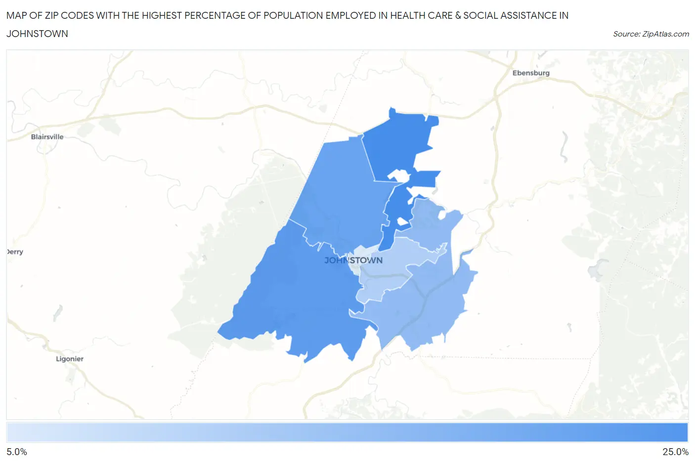 Zip Codes with the Highest Percentage of Population Employed in Health Care & Social Assistance in Johnstown Map