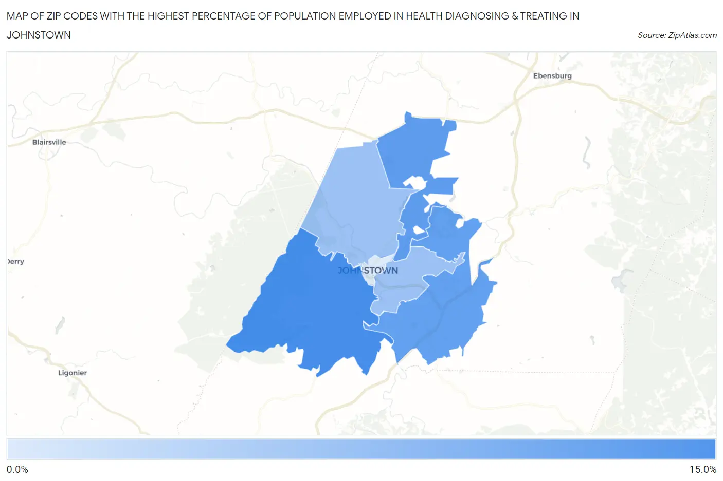 Zip Codes with the Highest Percentage of Population Employed in Health Diagnosing & Treating in Johnstown Map