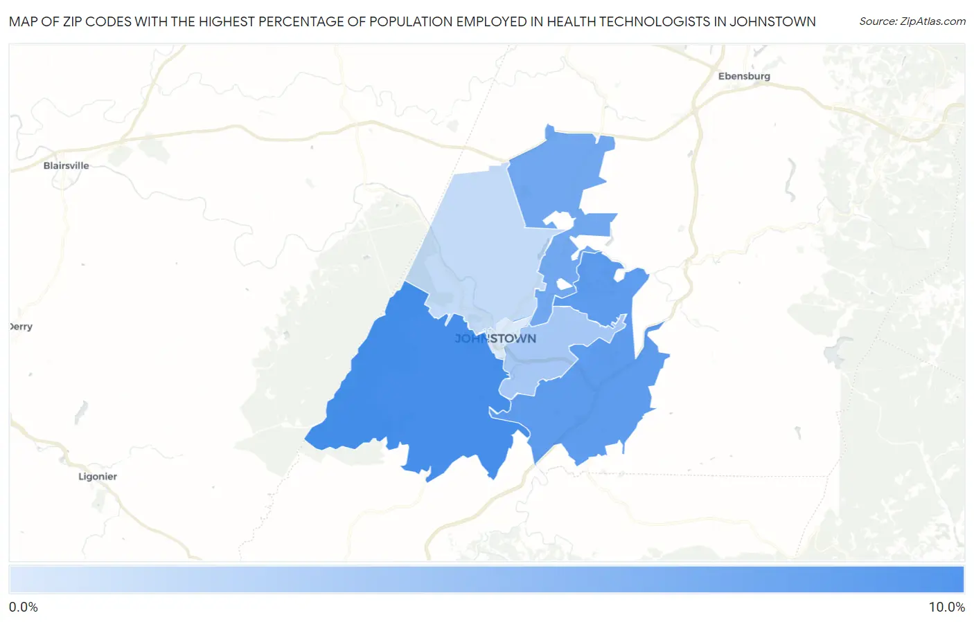 Zip Codes with the Highest Percentage of Population Employed in Health Technologists in Johnstown Map