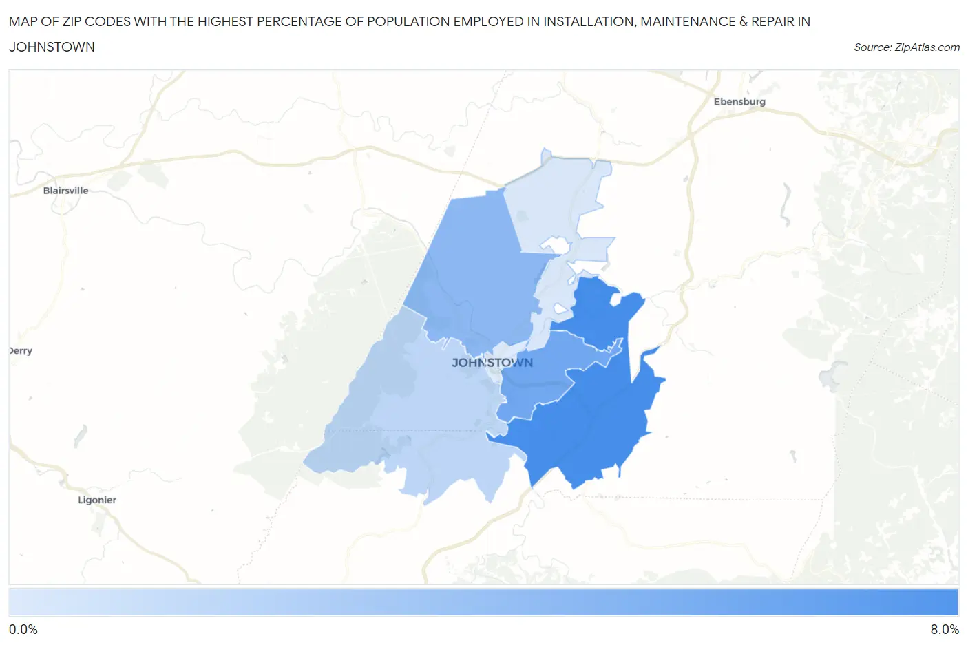 Zip Codes with the Highest Percentage of Population Employed in Installation, Maintenance & Repair in Johnstown Map