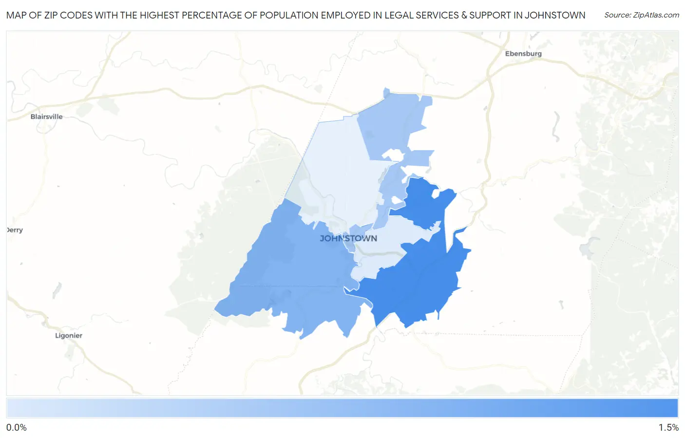 Zip Codes with the Highest Percentage of Population Employed in Legal Services & Support in Johnstown Map