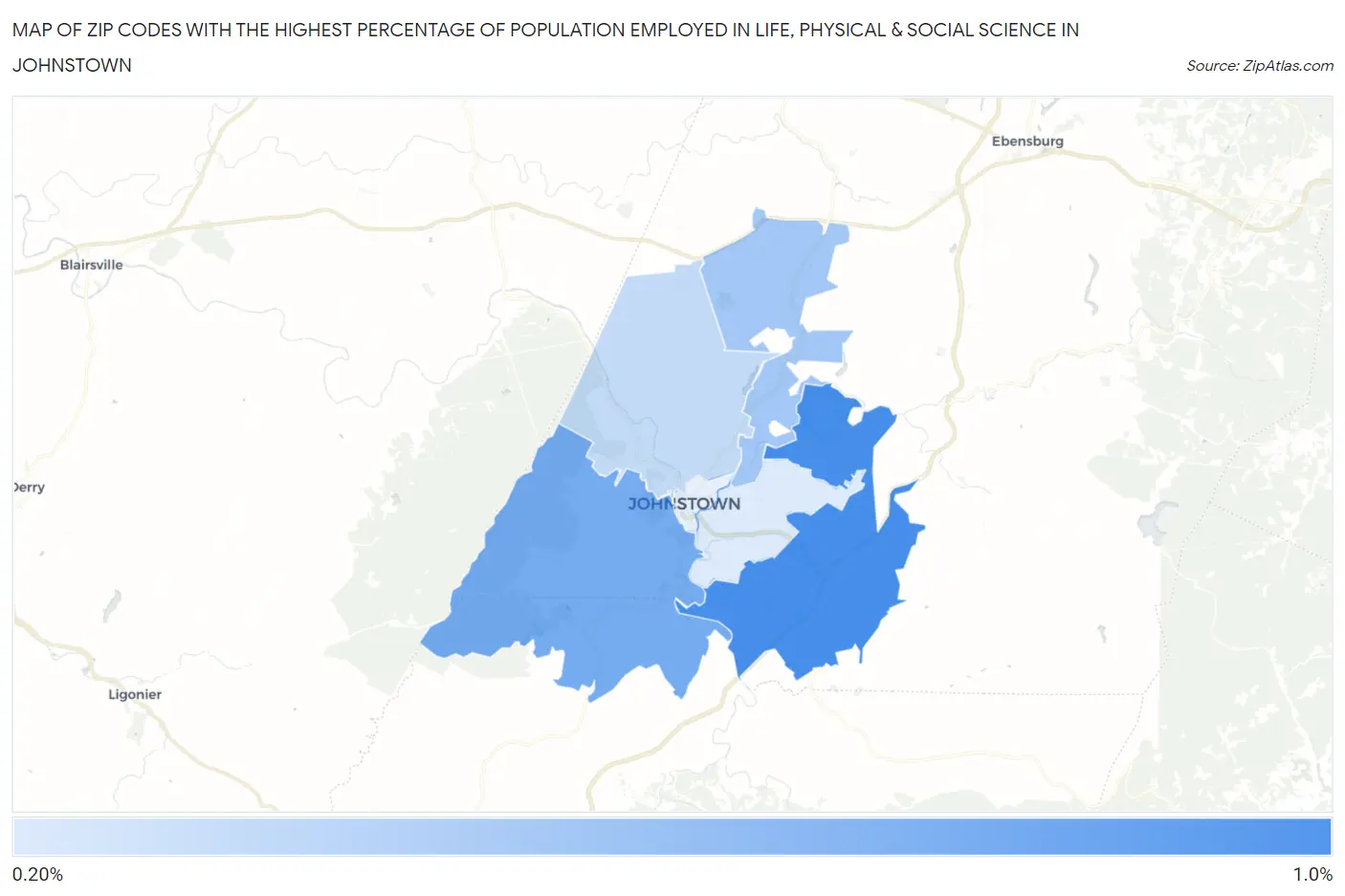Zip Codes with the Highest Percentage of Population Employed in Life, Physical & Social Science in Johnstown Map