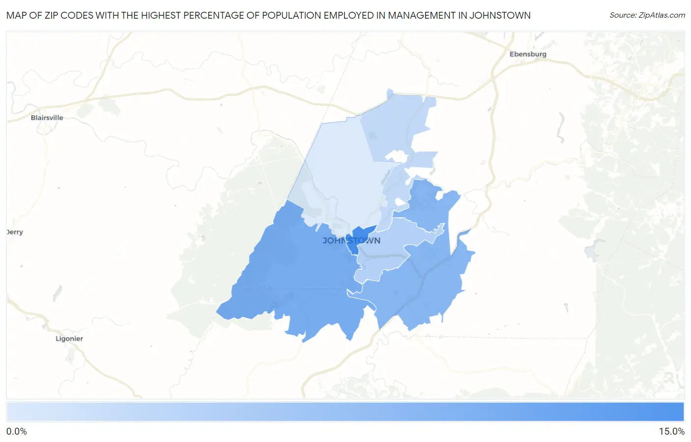Zip Codes with the Highest Percentage of Population Employed in Management in Johnstown Map