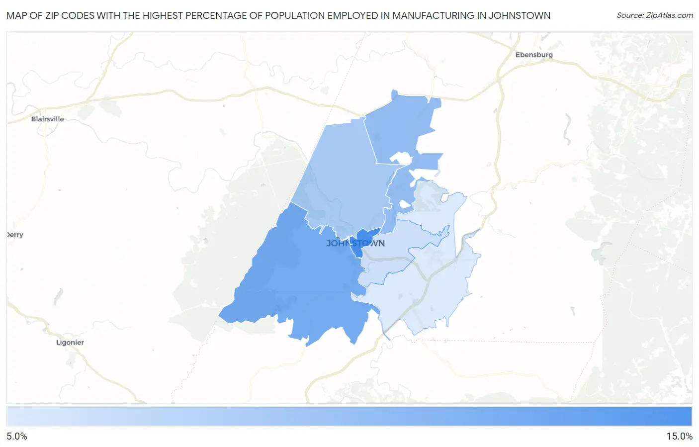Zip Codes with the Highest Percentage of Population Employed in Manufacturing in Johnstown Map