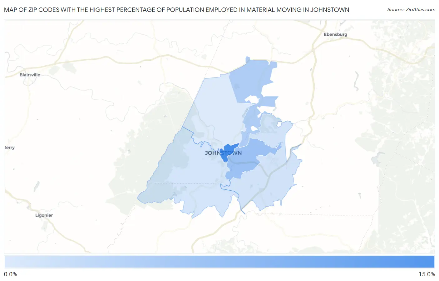 Zip Codes with the Highest Percentage of Population Employed in Material Moving in Johnstown Map