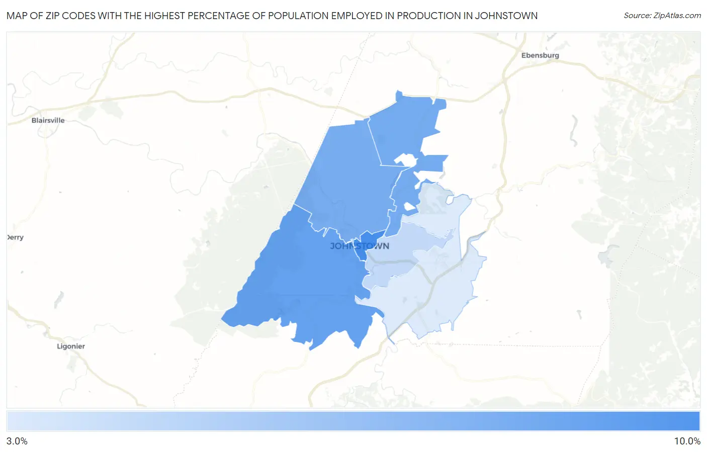 Zip Codes with the Highest Percentage of Population Employed in Production in Johnstown Map