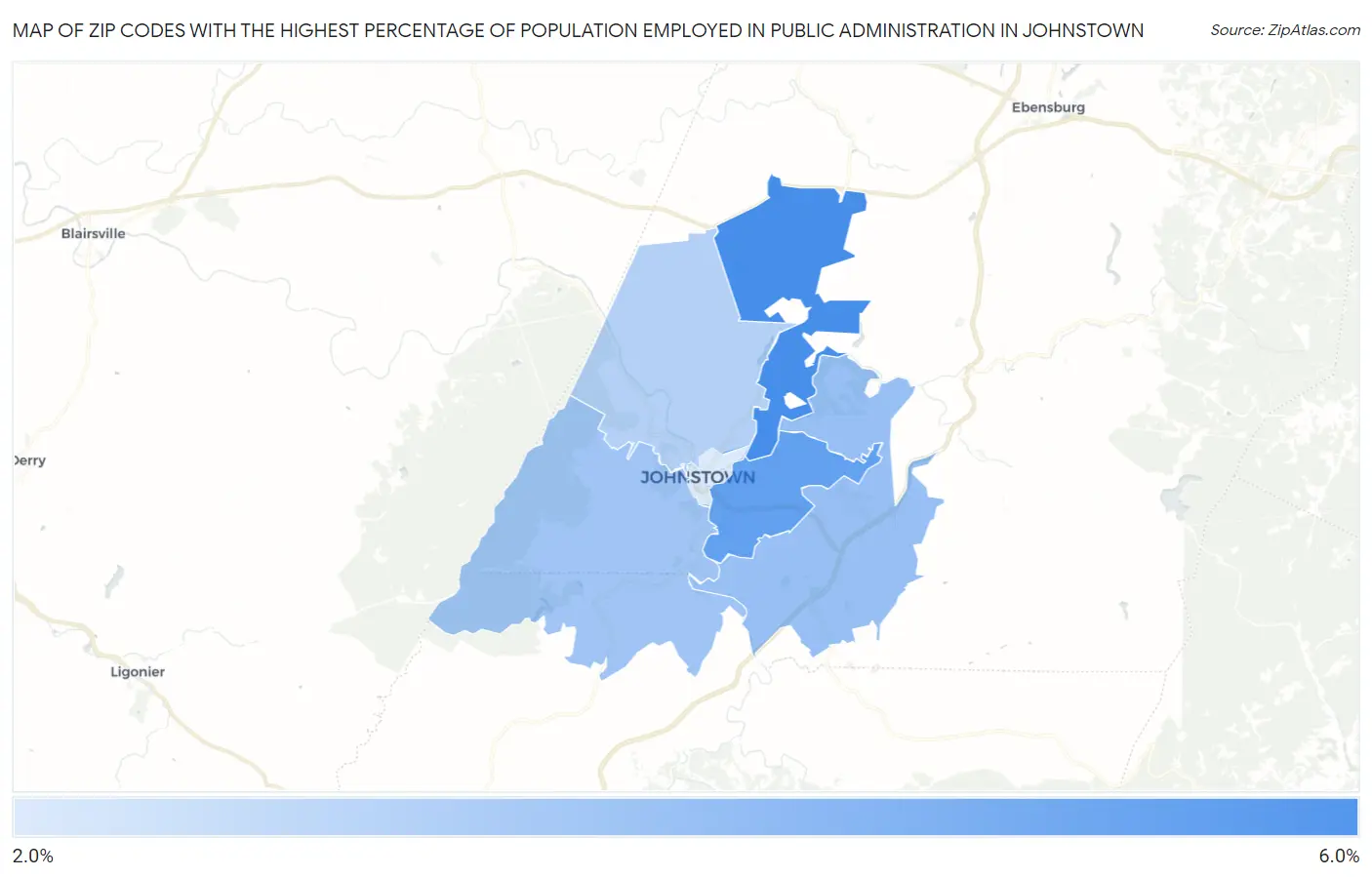 Zip Codes with the Highest Percentage of Population Employed in Public Administration in Johnstown Map