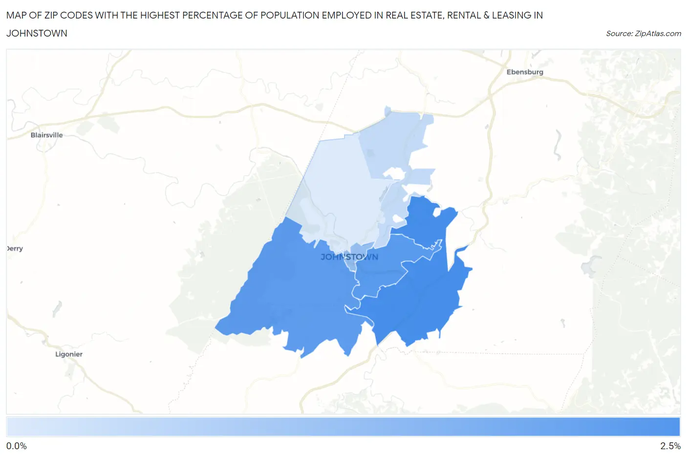 Zip Codes with the Highest Percentage of Population Employed in Real Estate, Rental & Leasing in Johnstown Map