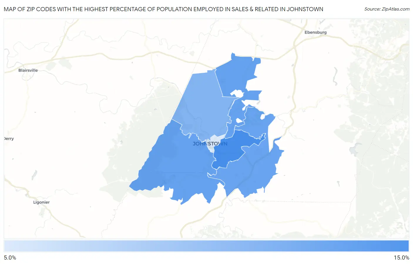 Zip Codes with the Highest Percentage of Population Employed in Sales & Related in Johnstown Map