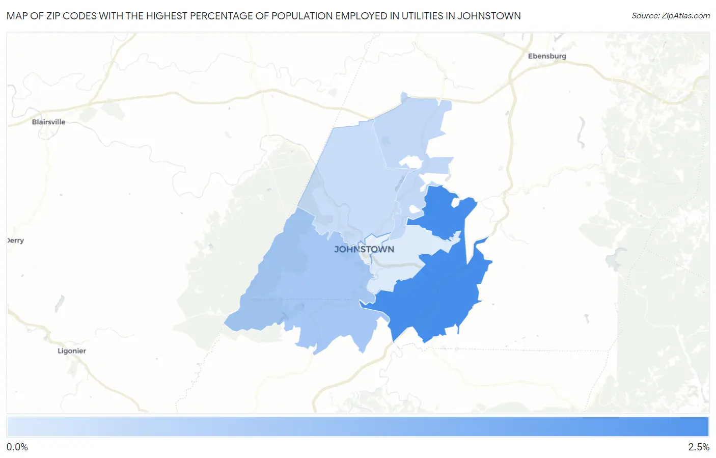 Zip Codes with the Highest Percentage of Population Employed in Utilities in Johnstown Map