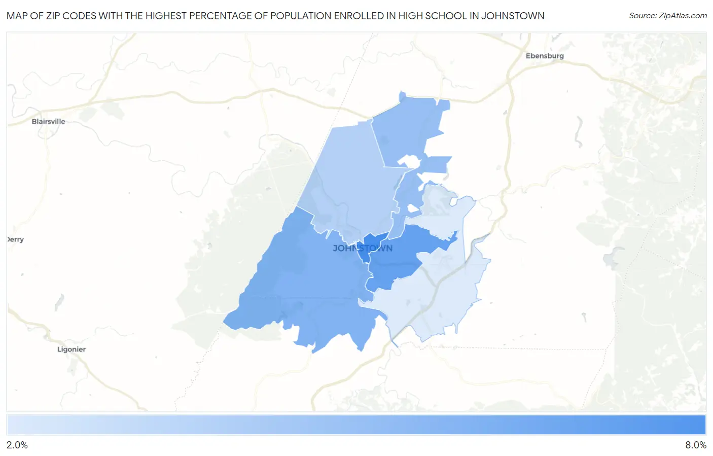 Zip Codes with the Highest Percentage of Population Enrolled in High School in Johnstown Map