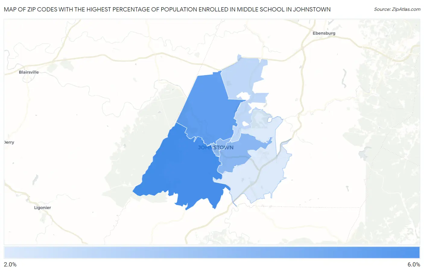 Zip Codes with the Highest Percentage of Population Enrolled in Middle School in Johnstown Map