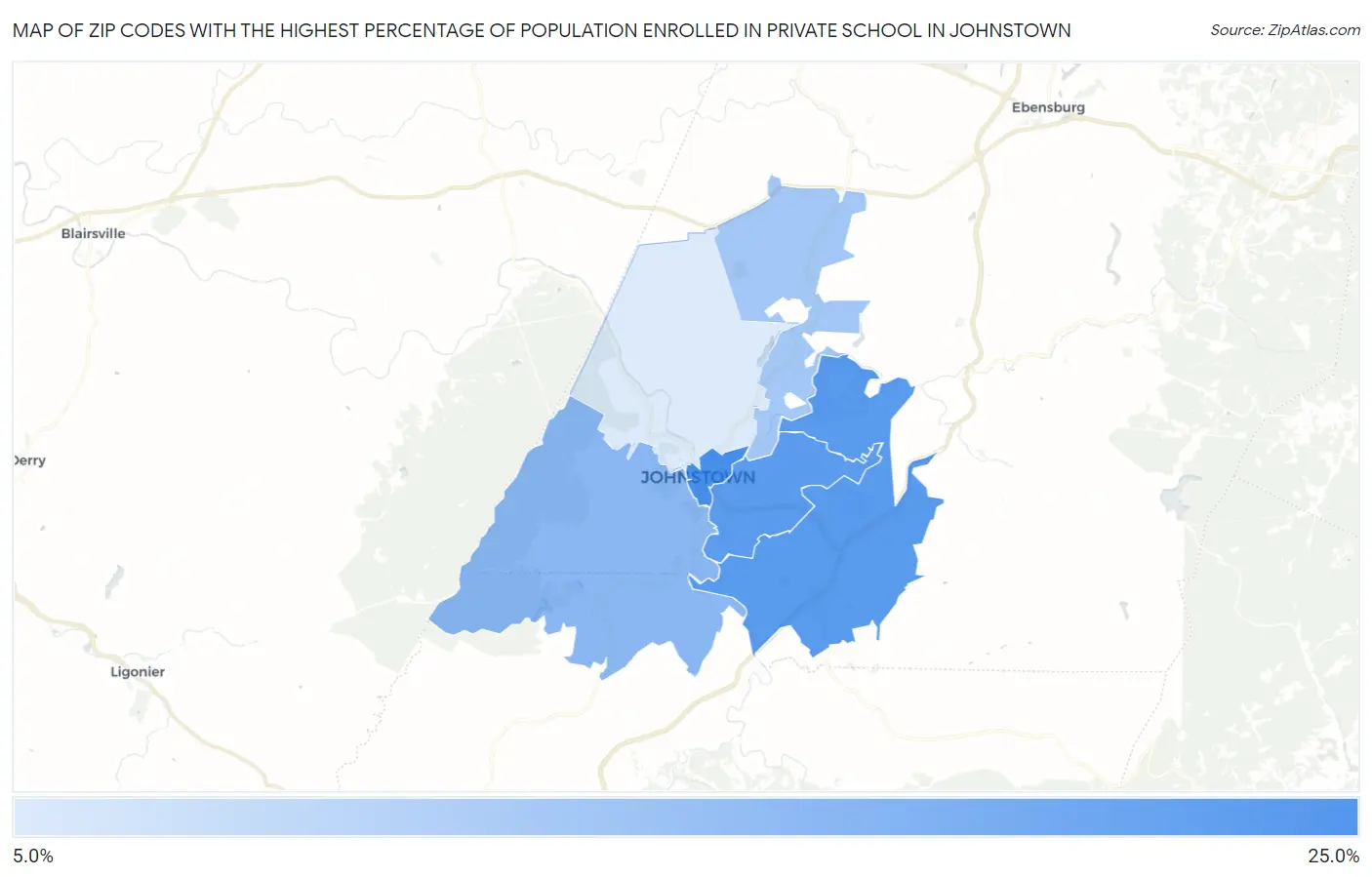 Zip Codes with the Highest Percentage of Population Enrolled in Private School in Johnstown Map