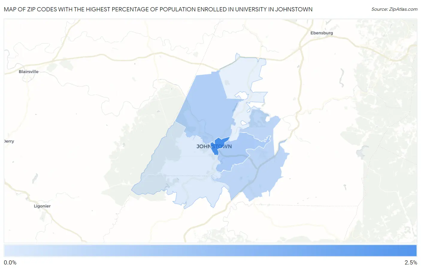 Zip Codes with the Highest Percentage of Population Enrolled in University in Johnstown Map
