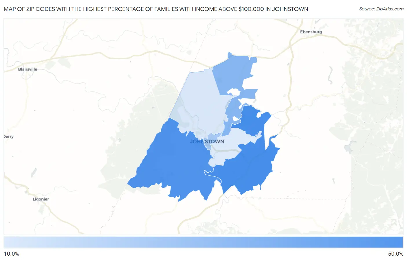 Zip Codes with the Highest Percentage of Families with Income Above $100,000 in Johnstown Map