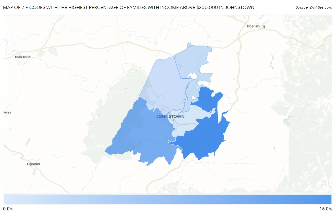 Zip Codes with the Highest Percentage of Families with Income Above $200,000 in Johnstown Map