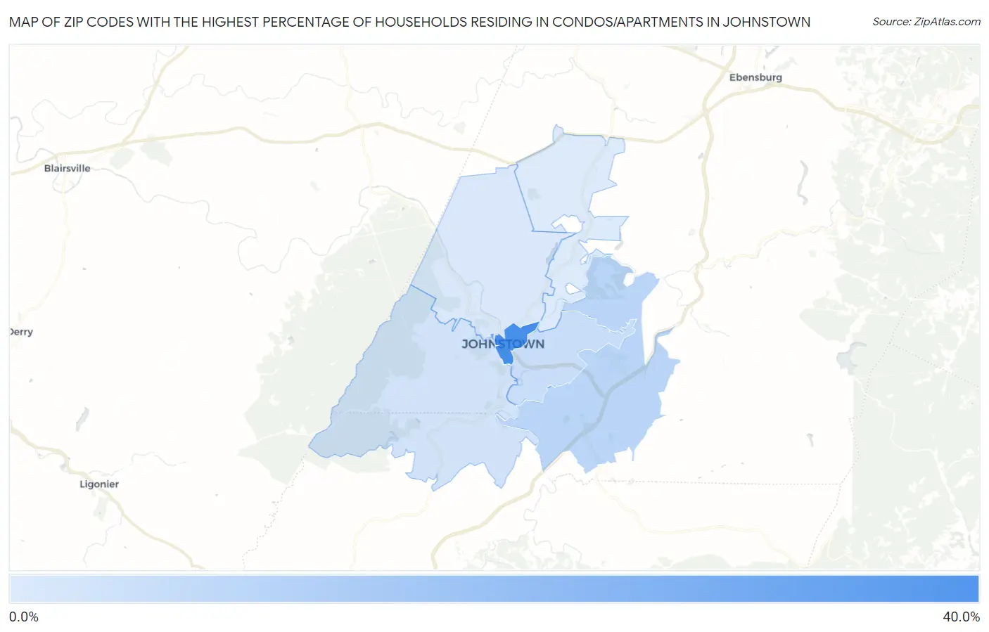 Zip Codes with the Highest Percentage of Households Residing in Condos/Apartments in Johnstown Map