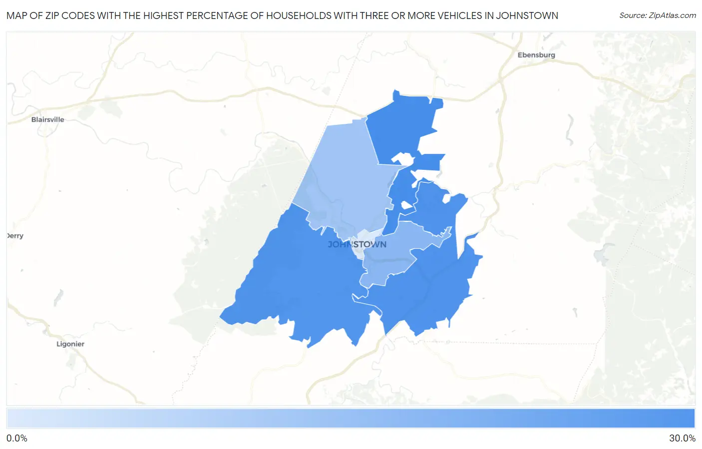 Zip Codes with the Highest Percentage of Households With Three or more Vehicles in Johnstown Map