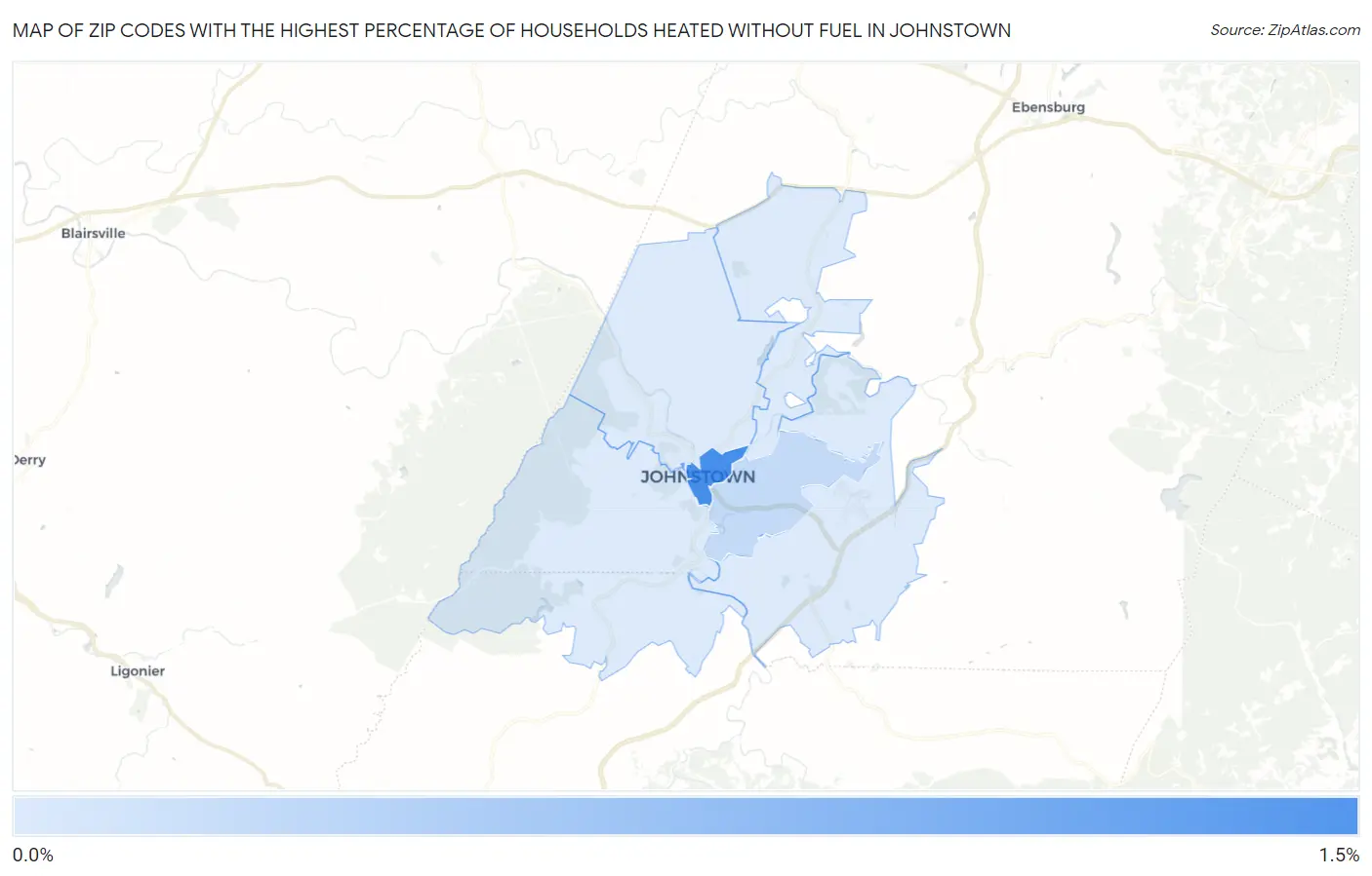 Zip Codes with the Highest Percentage of Households Heated without Fuel in Johnstown Map