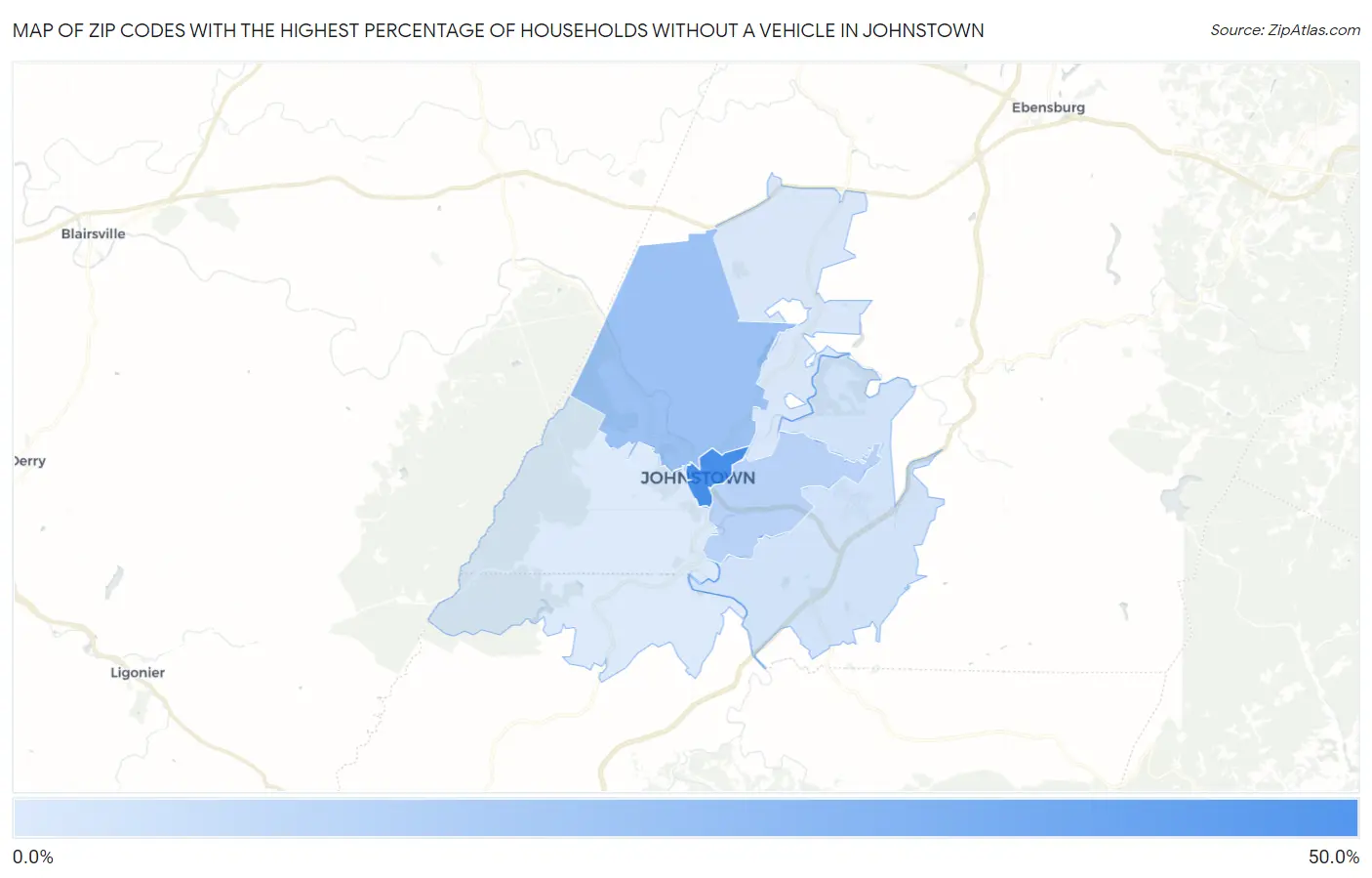 Zip Codes with the Highest Percentage of Households Without a Vehicle in Johnstown Map