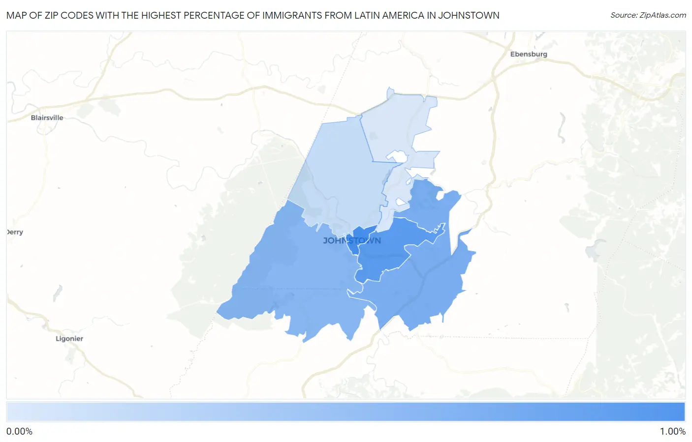 Zip Codes with the Highest Percentage of Immigrants from Latin America in Johnstown Map