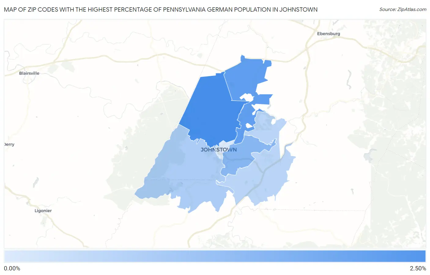 Zip Codes with the Highest Percentage of Pennsylvania German Population in Johnstown Map