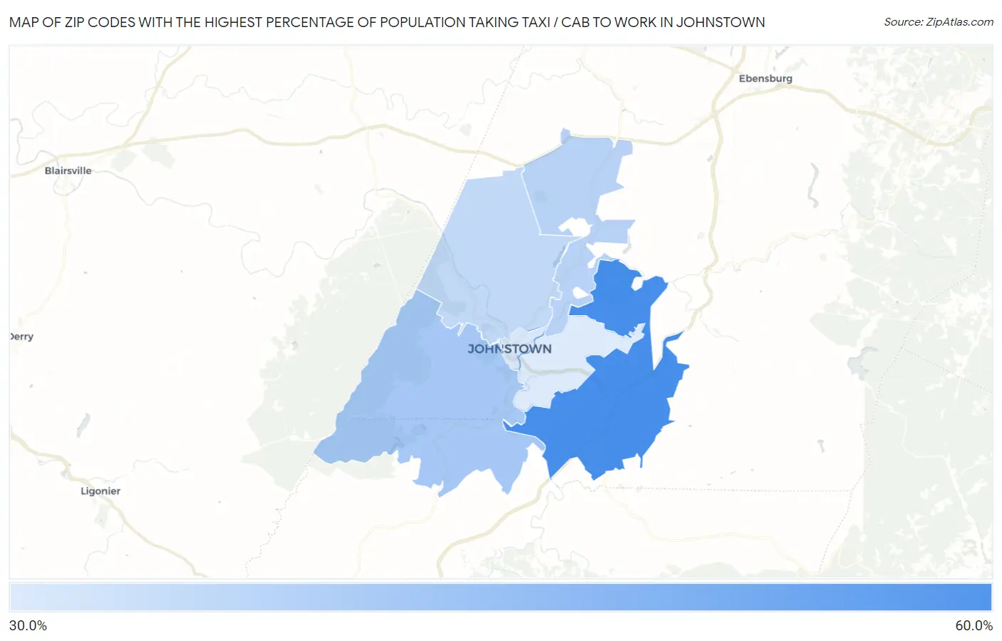Zip Codes with the Highest Percentage of Population Taking Taxi / Cab to Work in Johnstown Map