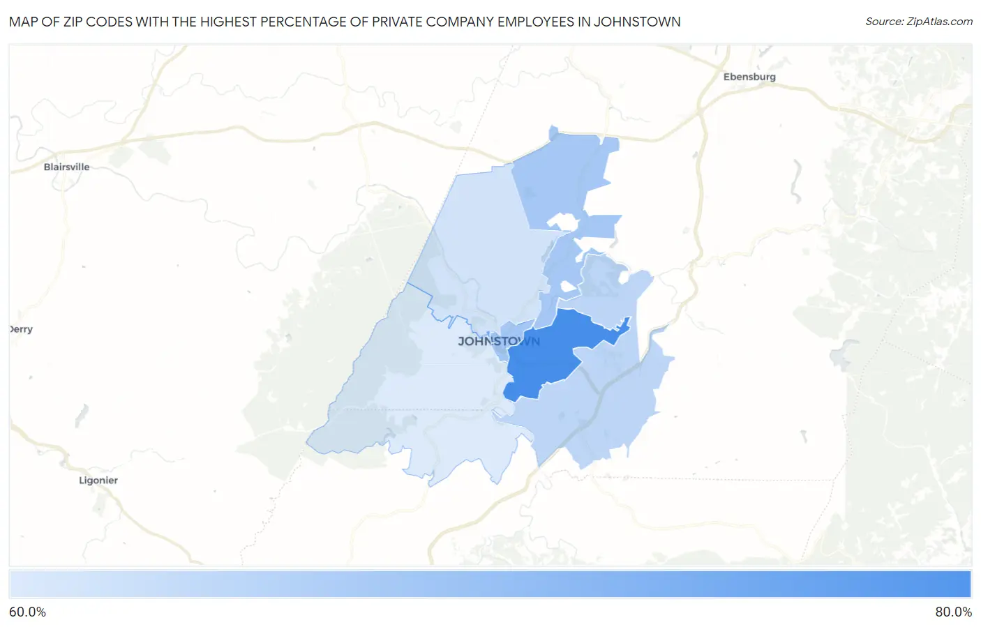 Zip Codes with the Highest Percentage of Private Company Employees in Johnstown Map