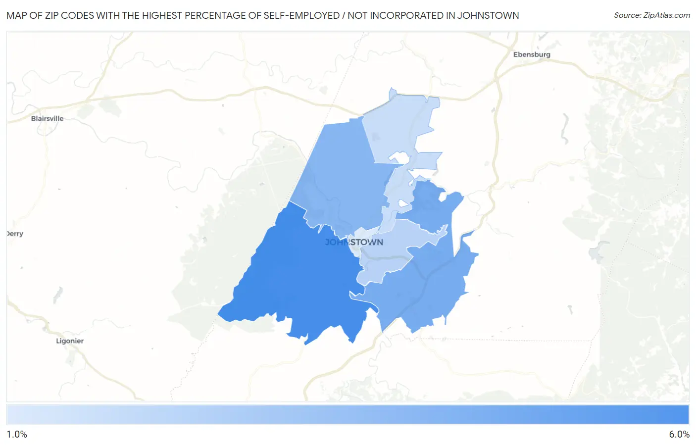 Zip Codes with the Highest Percentage of Self-Employed / Not Incorporated in Johnstown Map