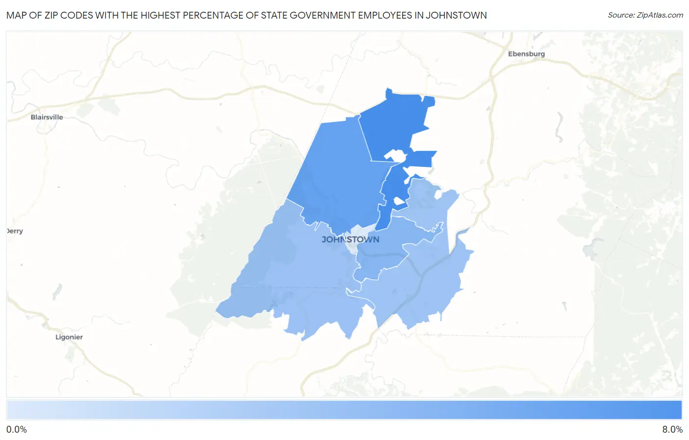 Zip Codes with the Highest Percentage of State Government Employees in Johnstown Map