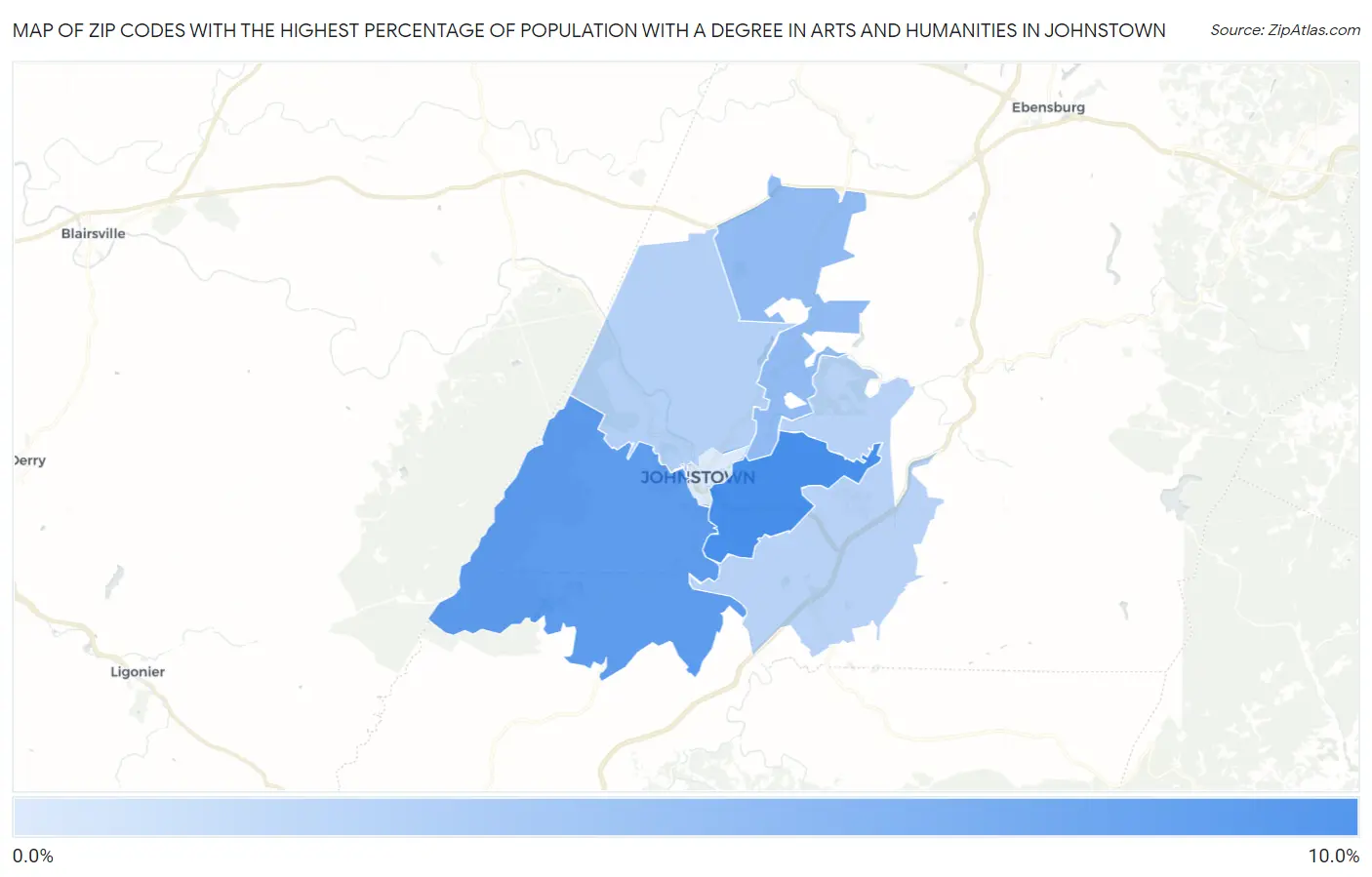 Zip Codes with the Highest Percentage of Population with a Degree in Arts and Humanities in Johnstown Map