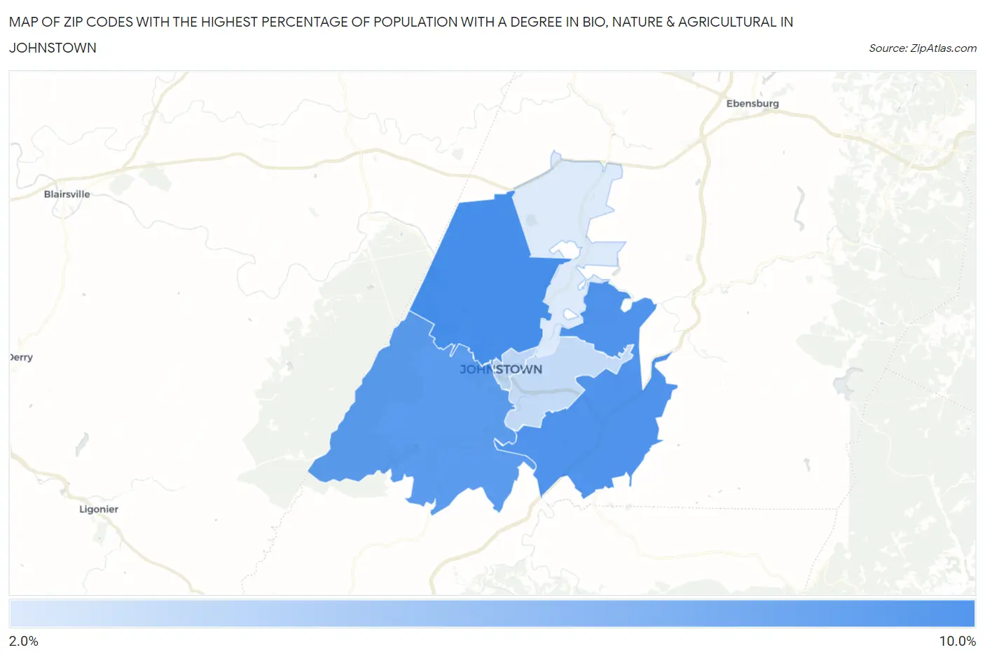 Zip Codes with the Highest Percentage of Population with a Degree in Bio, Nature & Agricultural in Johnstown Map