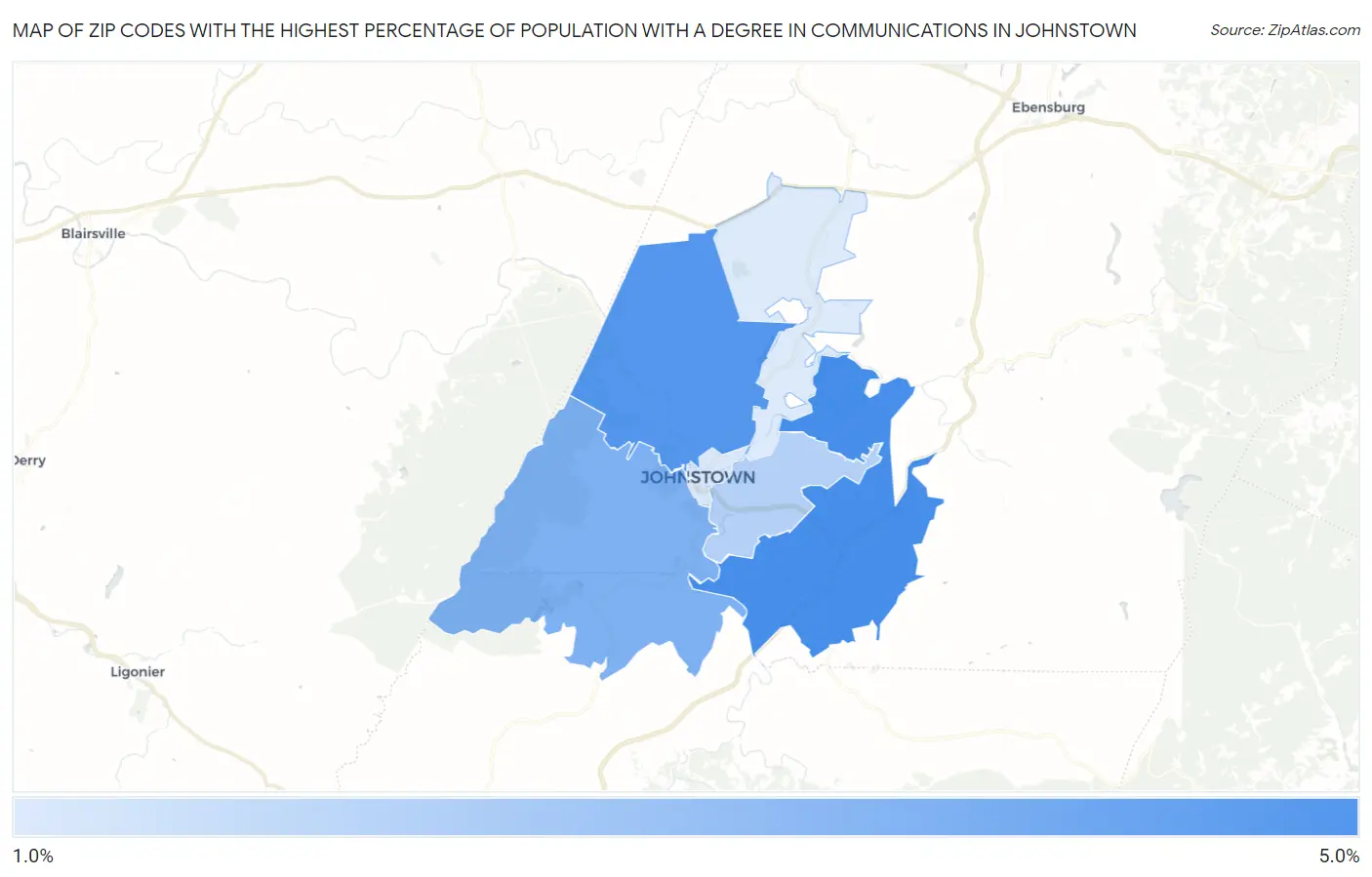 Zip Codes with the Highest Percentage of Population with a Degree in Communications in Johnstown Map