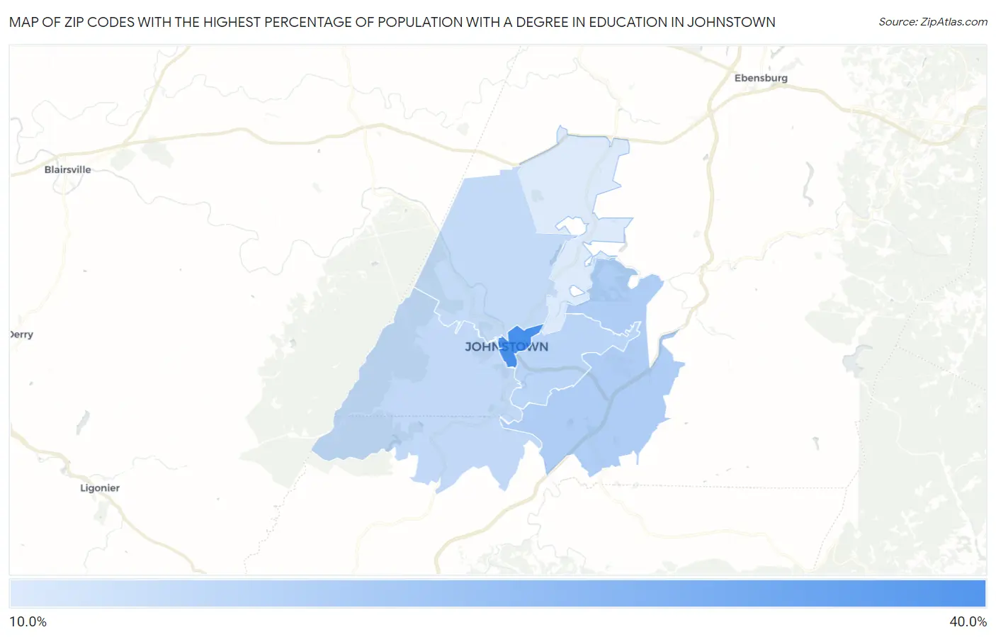 Zip Codes with the Highest Percentage of Population with a Degree in Education in Johnstown Map
