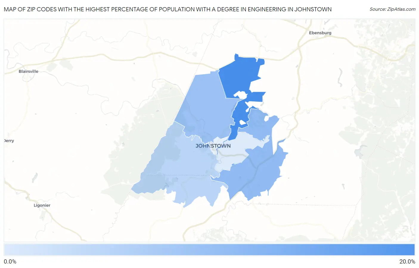 Zip Codes with the Highest Percentage of Population with a Degree in Engineering in Johnstown Map