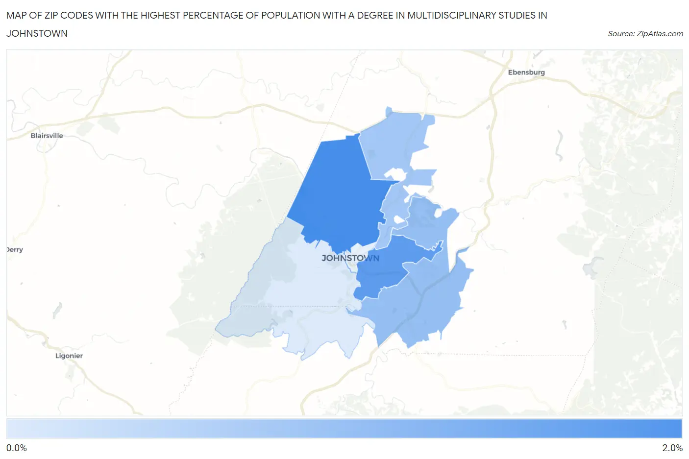 Zip Codes with the Highest Percentage of Population with a Degree in Multidisciplinary Studies in Johnstown Map