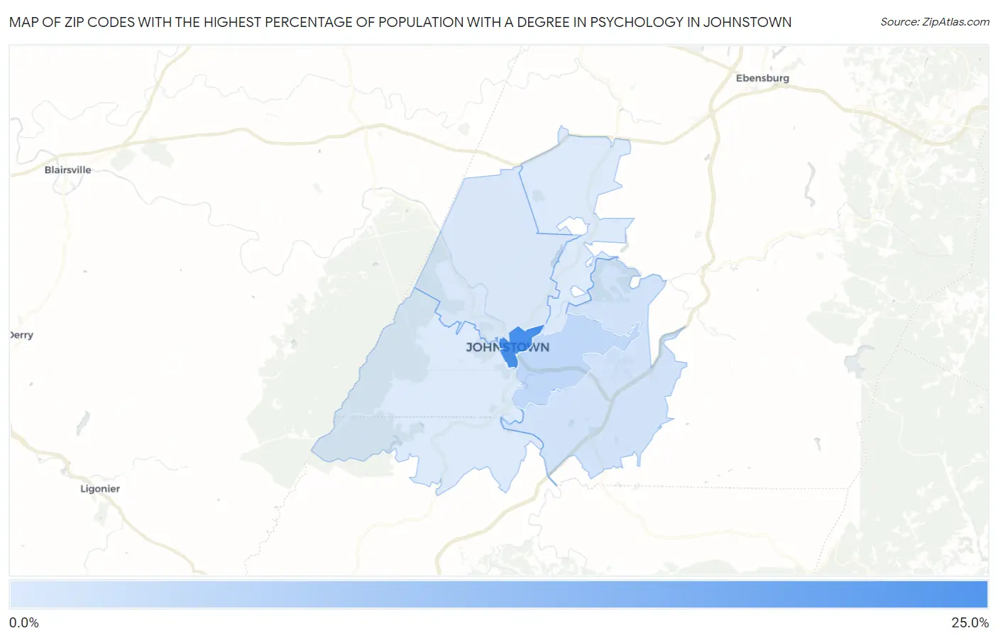 Zip Codes with the Highest Percentage of Population with a Degree in Psychology in Johnstown Map