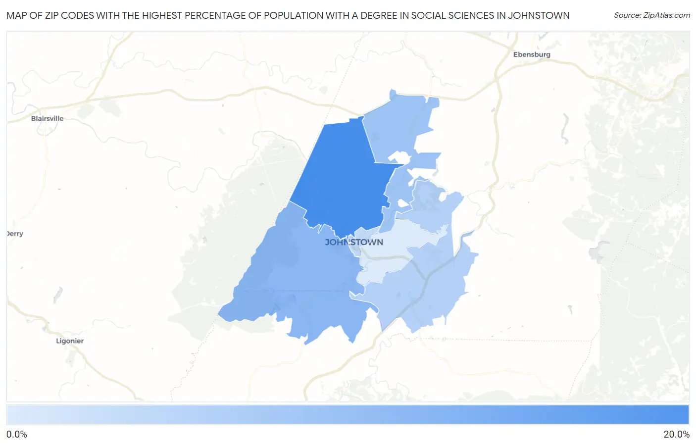 Zip Codes with the Highest Percentage of Population with a Degree in Social Sciences in Johnstown Map
