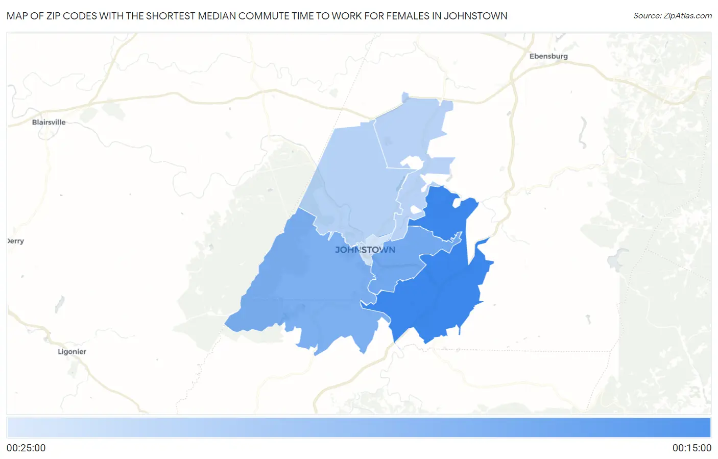 Zip Codes with the Shortest Median Commute Time to Work for Females in Johnstown Map
