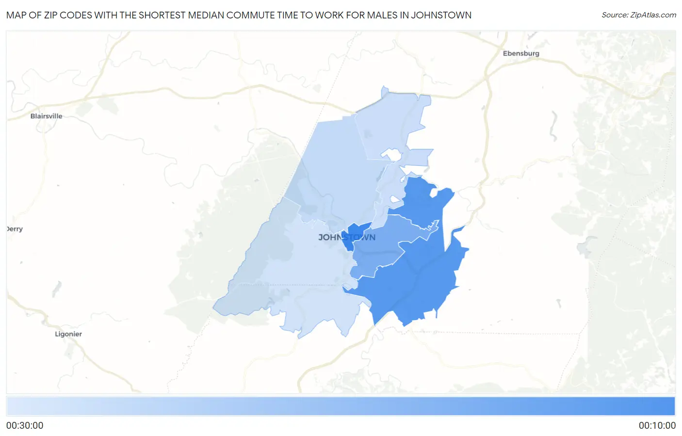 Zip Codes with the Shortest Median Commute Time to Work for Males in Johnstown Map