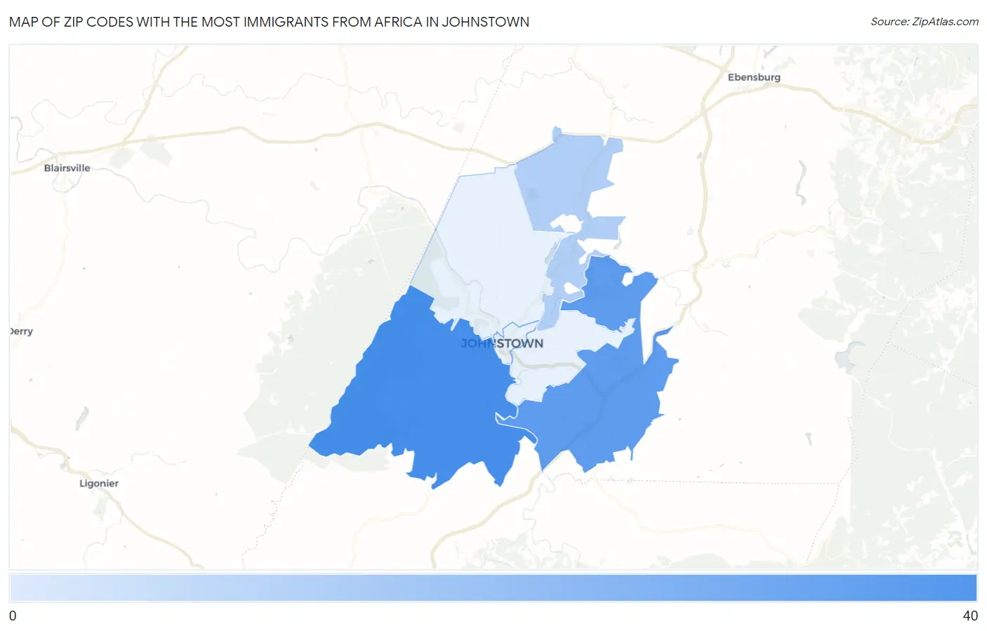Zip Codes with the Most Immigrants from Africa in Johnstown Map