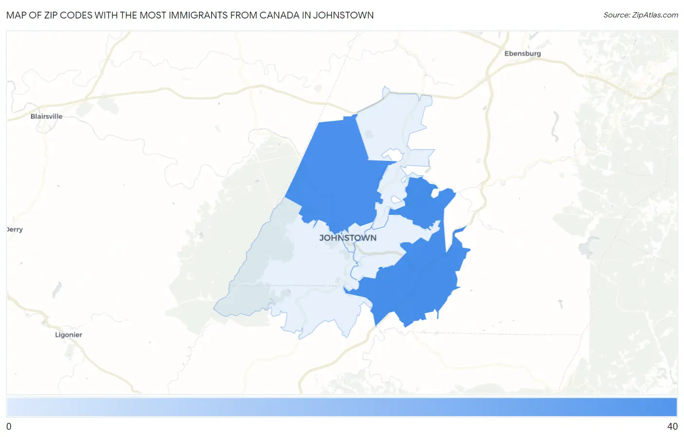Zip Codes with the Most Immigrants from Canada in Johnstown Map