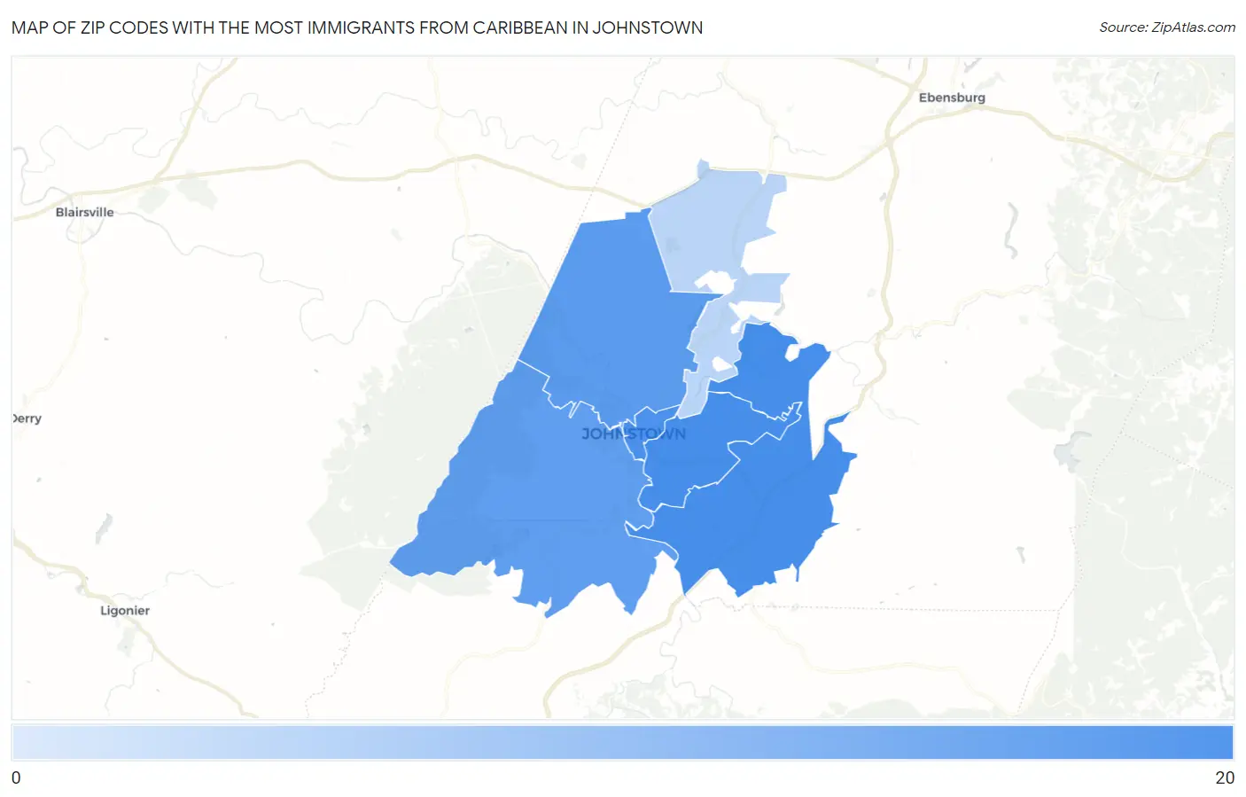 Zip Codes with the Most Immigrants from Caribbean in Johnstown Map